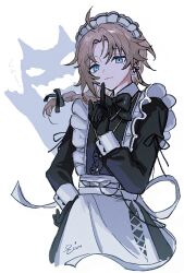 1boy :3 ahoge apron black_bow black_bowtie black_dress black_gloves blue_eyes bow bowtie braid brown_hair collared_dress crossdressing dress gloves hand_on_own_hip hand_up highres index_finger_raised kanae_(20th_costume)_(nijisanji) kanae_(nijisanji) long_sleeves looking_at_viewer maid maid_apron maid_headdress male_focus male_maid medium_hair nijisanji nopnop_chan official_alternate_costume simple_background single_braid solo virtual_youtuber white_background
