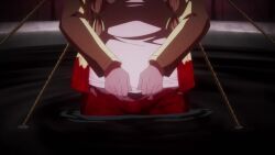 1girl animated anime_screenshot blush bouncing_breasts braid breast_drop breasts breasts_out brown_hair clothes_lift convenient_censoring dark_gathering hair_over_breasts highres houzuki_eiko huge_breasts jacket large_breasts lifting_own_clothes long_hair long_sleeves looking_at_viewer navel no_bra rope shirt shirt_lift smile stomach tagme twin_braids underboob video white_shirt yellow_jacket