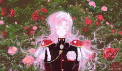 1girl armor black_jacket closed_eyes epaulettes flower highres jacket long_hair pauldrons pink_flower pink_hair pink_rose red_flower red_rose rose school_uniform shoujo_kakumei_utena shoulder_armor solo tenjou_utena upper_body windychariot