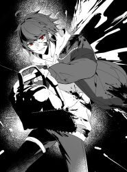 ahoge blood blood_on_clothes blood_on_face blood_splatter bloody_weapon chainsaw cowboy_shot drawstring evil_grin evil_smile grin highres holding holding_chainsaw hood hoodie lluyss red_eyes short_hair smile spoilers spot_color sumino_takumi takumi-g_(hundred_line) the_hundred_line_-last_defense_academy- weapon