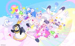 3girls absurdres blue_hair buro_(muse_dash) character_request chinese_commentary chuni_penguin chunithm cloud cloudy_sky copyright_name energy_gun gun highres holding holding_gun holding_weapon marija_(muse_dash) multiple_girls muse_dash peroperogames pink_hair sega sky star_(symbol) weapon zoookiiiii