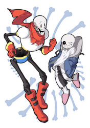 2boys ahin_vpv armor black_sclera black_shorts blue_jacket bone boots brothers colored_sclera full_body gloves grin jacket male_focus multiple_boys papyrus_(undertale) red_boots red_gloves red_scarf sans_(undertale) scarf shorts siblings skeleton smile teeth undertale white_armor white_background
