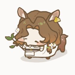 1girl animal_ears animated animated_gif belt black_belt blush branch brown_hair centauroid chibi chinese_commentary closed_eyes closed_mouth commentary_request deer_ears deer_girl dress ear_tag eating flower full_body hair_flower hair_ornament holding holding_branch jessica_(reverse:1999) leaf looping_animation lowres parted_bangs reverse:1999 shengye_sang simple_background solo taur white_background white_dress white_flower