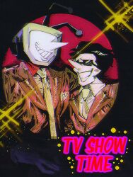 2boys ant_tenna black_hair blackmaro1 blush_stickers collared_shirt commentary crt deltarune english_commentary english_text gloves grin highres jacket male_focus multiple_boys necktie object_head pointy_nose red_jacket shirt smile spamton_g._spamton spotlight sunglasses teeth white_gloves white_shirt yellow_necktie