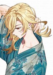 1boy arm_up artist_name blonde_hair blue_kimono closed_mouth collarbone commentary_request dated floral_print genshin_impact hair_between_eyes hair_over_shoulder holding holding_own_hair japanese_clothes kaveh_(genshin_impact) kimono long_hair male_focus ojo_aa parted_bangs print_kimono red_eyes signature simple_background solo twitter_username upper_body watermark white_background wide_sleeves