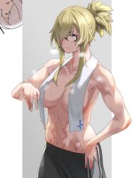 2girls abs black_pants blonde_hair border breasts cinderella_(nikke) closed_mouth collarbone commentary_request cowboy_shot facing_ahead fune_(fune83ojj) glasses goddess_of_victory:_nikke grave_(nikke) grey_background grey_eyes grey_hair hair_over_one_eye hand_on_own_hip hand_up highres long_hair long_sidelocks medium_breasts multiple_girls multiple_scars navel open_mouth pants pillarboxed ponytail scar scar_on_shoulder scar_on_stomach short_ponytail sideboob sidelocks simple_background standing steaming_body stomach sweat three_quarter_view toned toned_female towel towel_around_breasts towel_around_neck triangle_mouth white_border