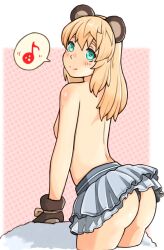 1girl animal_ears aqua_eyes ass bear_ears blonde_hair blue_skirt blush breasts bridget_(guilty_gear) brown_gloves fake_animal_ears from_side genderswap genderswap_(mtf) gloves guilty_gear guilty_gear_strive hair_between_eyes highres long_hair looking_at_viewer looking_back microskirt musical_note skirt small_breasts smile solo spoken_musical_note sugajyun thong topless_female