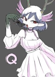 1girl antlers banknote breasts c_(control) character_name choker cleavage collarbone dress grey_background head_wings highres holding holding_money horns looking_at_viewer money open_mouth pointy_ears q_(control) red_eyes short_hair shuudou_(funsui_gogou) simple_background solo white_dress wings