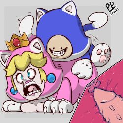 1boy 1girl animal_ears blonde_hair bloodshot_eyes blue_eyes cat_ears cat_paws cat_peach cat_tail cat_toad_(mario) crown drooling earrings jewelry mario_(series) nintendo pain princess princess_peach protopulsar rape rape_face screaming sex sex_from_behind signature spiked_penis super_mario_3d_world tail teeth toad_(mario) uterus
