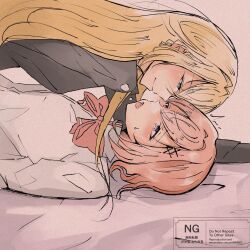 Rule 34 | 2girls, amaori renako, black jacket, blonde hair, blush, bow, bowtie, closed mouth, commentary, highres, jacket, long hair, multiple girls, open mouth, ouzuka mai, pink bow, pink bowtie, pink hair, purple eyes, ruuto0001, shirt, symbol-only commentary, tongue, tongue out, watashi ga koibito ni nareru wake naijan murimuri!, watermark, white shirt, yuri