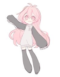 1girl :3 antenna_hair arm_up black_sleeves black_thighhighs blush closed_mouth deformed double-parted_bangs flat_color full_body hair_between_eyes highres long_hair looking_at_viewer mumble_(shachimu) no_shoes original pink_eyes pink_hair shachi_(shachimu) simple_background sketch sleeves_past_fingers sleeves_past_wrists smile solo sweater tareme thighhighs very_long_hair white_background white_sweater zettai_ryouiki
