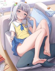 1girl :q academic_test backpack bag bare_legs barefoot blue_eyes blue_hair blue_nails blue_neckerchief blue_skirt blush bow bow_panties closed_mouth clothes_lift collared_shirt couch dated ebi-chan_(gawr_gura) feet fingernails gawr_gura gawr_gura_(school_uniform) grey_hair hair_bobbles hair_ornament highres hololive hololive_english indoors legs lifting_own_clothes like_and_retweet long_fingernails looking_at_viewer lying medium_hair multicolored_hair nail_polish neckerchief no_panties official_alternate_costume on_back on_couch one_side_up panties rabbit_hair_ornament randoseru shirt shoes short_sleeves signature skirt skirt_lift smile socks soles solo streaked_hair striped_clothes striped_panties stuffed_animal stuffed_shark stuffed_toy thighs toenail_polish toenails toes tongue tongue_out twitter_strip_game underwear unworn_panties unworn_socks uwabaki vest virtual_youtuber white_socks yellow_vest zeng$_(zwj)