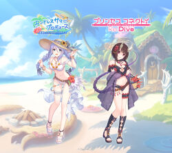 2girls arm_under_breasts babydoll bare_shoulders beach belt between_breasts bikini black_bikini black_hair blue_eyes blue_sky blush bracelet braid braided_twintails breasts broken_horns brown_belt cloud cloudy_sky copyright_name copyright_notice day eriko_(princess_connect!) flower frilled_thigh_strap gold_bracelet hair_flower hair_ornament hand_up hands_up hat highres holding horns jewelry large_breasts leaning_forward legs long_hair looking_at_viewer multiple_girls navel official_art open_mouth outdoors parted_lips princess_connect! purple_babydoll purple_eyes purple_hair red_flower see-through_clothes shizuru_(princess_connect!) short_hair sidelocks sky smile standing stomach straw_hat sun_hat swimsuit thigh_strap thighs tree twin_braids twintails white_bikini white_horns