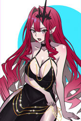 1girl absurdres baobhan_sith_(fate) bare_shoulders black_dress black_nails blue_background blush breasts cleavage dress earrings fangs fate/grand_order fate_(series) fukou grey_eyes hair_ornament highres jewelry large_breasts long_hair looking_at_viewer meme_attire modakawa_dress multicolored_background nail_polish open_mouth pointy_ears red_hair sidelocks solo white_background