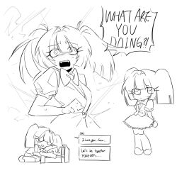 1girl air_zizon blush bow bowtie clenched_hand english_text greyscale highres monochrome multiple_views open_mouth puffy_short_sleeves puffy_sleeves regretevator roblox scared shirt shoes short_sleeves simple_background skirt smile socks speech_bubble stat_(regretevator) sweat twintails vest