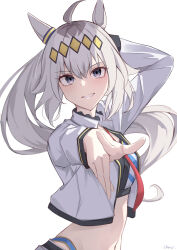 Rule 34 | absurdres, ahoge, animal ears, arm behind head, commentary, crop top, cropped jacket, grey eyes, grey hair, grin, hair between eyes, hairband, highres, horse ears, horse girl, long hair, long sleeves, looking at viewer, midriff, multicolored hair, navel, noa 82g, oguri cap (umamusume), pointing, pointing at viewer, ponytail, signature, simple background, smile, umamusume, umamusume: cinderella gray, upper body, white background