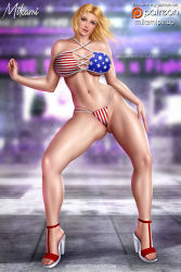 1girl american_flag american_flag_bikini american_flag_print bikini blonde_hair blue_eyes breasts cleavage dead_or_alive flag_print flag_print_bikini hand_on_own_hip high_heels highres large_breasts mikamipinup navel print_bikini short_hair solo stiletto_heels swimsuit tina_armstrong