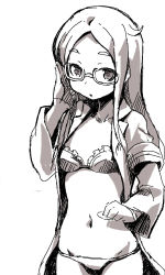 10s 1girl bra female_focus glasses greyscale kubocha long_hair looking_at_viewer monochrome natasha_(sekai_seifuku) navel open_clothes open_shirt panties sekai_seifuku:_bouryaku_no_zvezda shirt simple_background sketch solo underwear white_background