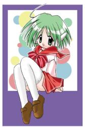 1girl 2000s_(style) ahoge bad_id bow bowtie brown_shoes full_body green_eyes green_hair loafers long_sleeves looking_at_viewer lowres multi_(to_heart) open_mouth red_bow red_bowtie red_sailor_collar red_skirt robot_ears sailor_collar shirt shoes short_hair sitting skirt smile solo sou_ryuu thighhighs to_heart to_heart_(series) white_shirt white_thighhighs