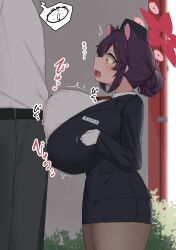1boy 1girl absurdres animal_ears black_hair blue_archive blush breasts clothed_sex clothes cum cum_on_body cum_on_breasts cum_on_upper_body doodle_sensei_(blue_archive) ejaculation_between_breasts head_out_of_frame height_difference hetero highres huge_breasts japanese_text kaede_(blue_archive) kaede_(guide)_(blue_archive) long_hair looking_at_viewer noe_(ppppriver) open_mouth paizuri paizuri_under_clothes penis perpendicular_paizuri sensei_(blue_archive) sex shortstack standing_paizuri yellow_eyes