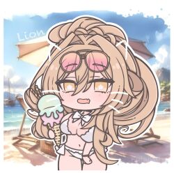 +_+ 1girl ai-assisted ai-generated_background animal_ears artist_name azur_lane beach beach_chair beach_umbrella bikini blonde_hair blue_sky boat border bracelet breasts cat_ears chair character_name chibi chibi_only cleavage cloud commentary cowboy_shot day drawn_ears drawn_whiskers eyewear_on_head fang food frilled_bikini frills futaba_(anti_clockwise) hair_intakes high_ponytail highres holding holding_food holding_ice_cream holding_ice_cream_cone ice_cream ice_cream_cone jewelry large_breasts lion_(azur_lane) lion_(the_reclining_dandelion)_(azur_lane) long_hair mountain navel necktie ocean official_alternate_costume open_mouth orange-framed_eyewear orange_eyes picnic_basket ponytail purikura sailboat ship skin_fang sky star-shaped_pupils star_(symbol) stomach sunglasses swimsuit symbol-only_commentary symbol-shaped_pupils umbrella unworn_eyewear watercraft waves white_bikini white_border white_necktie