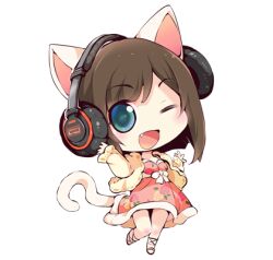 Rule 34 | 1girl, animal ears, ankle ribbon, aqua eyes, black headphones, black ribbon, blunt bangs, blunt ends, bob cut, brown hair, brown sandals, cardigan, cat ears, cat girl, cat tail, chibi, commentary request, dress, eyelashes, eyes visible through hair, fang, floral print, frilled sleeves, frills, fur-trimmed dress, fur trim, happy, headphones, idolmaster, idolmaster cinderella girls, kemonomimi mode, leg ribbon, light blush, long sleeves, lowres, maekawa miku, medium dress, one eye closed, open mouth, pink dress, pleated dress, ribbon, ribbon-trimmed cardigan, ribbon trim, rose print, sandals, short hair, simple background, sleeves past wrists, smile, solo, standing, swept bangs, tail, tareme, usoneko, white background, yellow cardigan