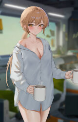 1girl absurdres blonde_hair blurry blurry_background blush breasts cleavage closed_mouth coffee_mug commentary cup english_commentary erorange girls&#039;_frontline girls&#039;_frontline_2:_exilium grey_shirt groza_(girls&#039;_frontline_2) hair_between_eyes highres indoors long_hair looking_at_viewer low_ponytail medium_breasts mug naked_shirt off_shoulder orange_eyes ots-14_(girls&#039;_frontline) ponytail shirt single_bare_shoulder solo
