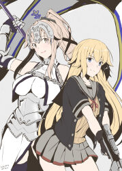 2girls armor armored_dress black_jacket black_ribbon blonde_hair blue_eyes brown_eyes commission cosplay costume_switch dress fate/grand_order fate_(series) gloves grey_sailor_collar grey_skirt headpiece highres jacket jeanne_d&#039;arc_(fate) jeanne_d&#039;arc_(fate)_(cosplay) kantai_collection long_hair multiple_girls partially_fingerless_gloves pink_hair pleated_skirt ponytail ribbon sailor_collar school_uniform serafuku short_sleeves skirt sword_of_st._catherine_(fate) taira_yuuki yura_(kancolle) yura_(kancolle)_(cosplay) yura_kai_ni_(kancolle) yura_kai_ni_(kancolle)_(cosplay)