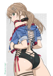 1girl amy_(doa) arched_back artist_name ass blush bow breasts butt_crack circuit_board_print cropped_jacket dated dead_or_alive dead_or_alive_xtreme dead_or_alive_xtreme_venus_vacation dimples_of_venus green_eyes hair_ornament hands_in_pockets hiragoma jacket looking_at_viewer looking_back low_twintails red_ribbon ribbon signature solo swimsuit thigh_strap twintails watch wireless_headphones wristwatch x_hair_ornament