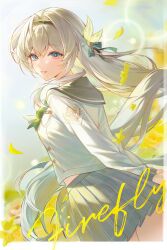 Rule 34 | 1girl, absurdres, black hairband, black ribbon, blush, bow, bowtie, buttons, collared shirt, commentary, double-breasted, falling petals, firefly (honkai: star rail), firefly (spring missive) (honkai: star rail), flower, from behind, gradient eyes, green bow, green bowtie, green pupils, grey hair, grey sailor collar, grey shirt, grey skirt, hair between eyes, hair intakes, hair ornament, hair ribbon, hairband, highres, honkai: star rail, honkai (series), long hair, looking back, multicolored eyes, open mouth, petals, plaid bow, plaid bowtie, plaid clothes, pleated skirt, ribbon, sailor collar, shirt, skirt, smile, sohan (sohan 416), solo, teeth, two-tone eyes, white shirt, yellow flower