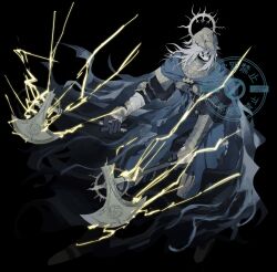 1boy axe black_background blue_cape cape death_knight_(elden_ring) dual_wielding elden_ring elden_ring:_shadow_of_the_erdtree electricity gauntlets grey_helmet helmet highres holding holding_axe male_focus simple_background skeleton xx_asui