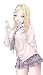 Rule 34 | 1girl, absurdres, arm behind back, black choker, blonde hair, candy, cardigan, choker, collared shirt, cowboy shot, ear piercing, earrings, fang, fingernails, food, green eyes, hair ornament, hairclip, hashtag-only commentary, highres, holding, holding candy, holding food, holding lollipop, jewelry, kurumi noah, leg tattoo, light blush, lollipop, long hair, long sleeves, looking at viewer, miniskirt, nail polish, necktie, open mouth, piercing, pink nails, plaid clothes, plaid necktie, plaid skirt, pleated skirt, pomelunch, purple necktie, purple skirt, school uniform, shirt, simple background, skin fang, skirt, sleeves past wrists, smile, solo, stud earrings, swept bangs, tattoo, virtual youtuber, vspo!, white background, yellow cardigan