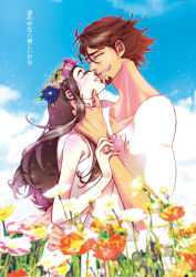 Rule 34 | 10s, 1boy, 1girl, bad id, bad pixiv id, brown hair, couple, facial hair, flower, flower wreath, head wreath, hetero, hug, husband and wife, jewelry, kaburagi t. kotetsu, kaburagi tomoe, long hair, ornate ring, ring, smile, stubble, tiger &amp; bunny, wedding ring