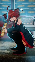 1girl ahoge baguette bare_shoulders black_boots black_shirt black_skirt black_sleeves boots bread detached_sleeves drill_hair food full_body hair_between_eyes highres holding holding_food kasane_teto kasane_teto_(utau) light_blush long_sleeves looking_at_viewer michihirogswr number_tattoo photo_background pleated_skirt red_eyes red_hair shirt sign skirt sleeveless sleeveless_shirt solo squatting tattoo thigh_boots twin_drills utau vending_machine