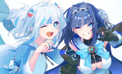 2girls absurdres blue_eyes blue_hair breasts cleavage gao gawr_gura grin highres hololive hololive_english ingyanggang large_breasts looking_at_viewer multiple_girls one_eye_closed ouro_kronii sharp_teeth smile teeth virtual_youtuber