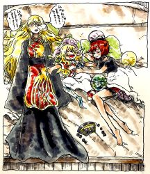 3girls american_flag_dress american_flag_legwear bed blonde_hair clownpiece earth_(planet) hat hecatia_lapislazuli height_difference highres jester_cap junko_(touhou) long_hair messy_sleeper moon morisshii_(morishiey) multiple_girls orb planet red_hair shirt short_hair sleep_talking sleeping sleeping_with_eyes_open snoring t-shirt touhou very_long_hair