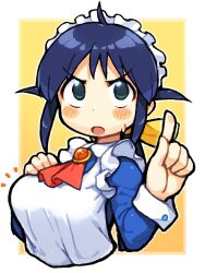 1girl andou_mahoro apron bachera blue_dress blue_hair blush_stickers breasts commentary_request cropped_torso dress fingerprint frilled_apron frills green_eyes hair_ribbon hand_on_own_chest hands_up index_finger_raised juliet_sleeves long_hair long_sleeves mahoromatic maid maid_apron maid_headdress medium_breasts notice_lines open_mouth puffy_sleeves ribbon solo sweat two-tone_background upper_body v-shaped_eyebrows white_apron white_background yellow_background yellow_ribbon