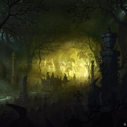 artist_logo bare_tree commentary dark english_commentary fog forest from_behind glowing grass grave graveyard highres logo nature original outdoors plant scenery sculpture silhouette standing tombstone tree waltjan wide_shot