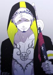 1boy black_hair cape chest_tattoo closed_mouth commentary_request dated earrings hand_tattoo hat holding holding_sword holding_weapon hood hooded_cape jewelry looking_to_the_side male_focus nakumonaga_uma one_piece sideburns simple_background solo sword tattoo trafalgar_law twitter_username upper_body weapon yellow_eyes