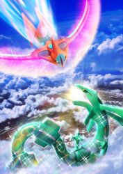 above_clouds attack aura cloud deoxys deoxys_(speed) dragon dragon_tail face-to-face fighting gen_3_pokemon highres incoming_attack legendary_pokemon logo looking_at_another mythical_pokemon nintendo official_art pokemon pokemon_(creature) pokemon_tcg sharp_teeth sky tail teeth tentacles yoshikawa_shin&#039;ichi