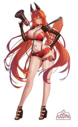 Rule 34 | 1girl, absurdres, antenna hair, artist name, black choker, blush, breasts, choker, cleavage, closed mouth, commentary request, contrapposto, cowboy shot, dolphin shorts, fingernails, floating hair, goddess of victory: nikke, hair between eyes, hand on own hip, hand up, highres, holding, holding megaphone, horns, large breasts, long hair, long sleeves, looking at viewer, mechanical horns, megaphone, micro shorts, nail polish, navel, o-ring, o-ring choker, pinky out, pouch, pudding only, red hair, red hood (nikke), red nails, red shorts, shorts, shrug (clothing), simple background, skindentation, sleeves past wrists, smile, solo, standing, thigh pouch, thigh strap, very long fingernails, very long hair, whistle, whistle around neck, white background, yellow eyes