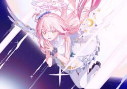 1girl absurdres blue_archive commentary dress feathered_wings flying frilled_dress frills hair_bun halo highres long_hair looking_at_viewer low_wings mika_(blue_archive) night night_sky open_mouth pantyhose pink_hair pink_halo ryuuforkaf scrunchie single_hair_bun single_side_bun sky sleeveless sleeveless_dress smile solo steepled_fingers symbol-only_commentary turtleneck turtleneck_dress white_dress white_pantyhose white_wings wing_ornament wings wrist_scrunchie yellow_eyes