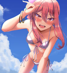 1girl bangle bikini blue_nails blue_sky blush bracelet breasts cloud commentary_request cookie_(touhou) cowboy_shot day hair_between_eyes highres jewelry leaning_forward long_bangs long_hair looking_at_viewer medium_hair navel open_mouth outdoors pink_eyes pink_hair pyukasshori sasorihime_(cookie) sky small_breasts smile solo swimsuit white_bikini