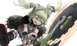 1girl apron attack black_boots black_dress boots circular_saw commentary_request corin_wickes dress fang green_hair hair_between_eyes highres holding holding_weapon long_hair maid maid_headdress open_mouth puffy_short_sleeves puffy_sleeves purple_eyes saw screw_hair_ornament short_sleeves simple_background skin_fang solo tearing_up teeth twintails weapon white_apron white_background yunickckck zenless_zone_zero