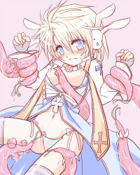 1girl arch_bishop_(ragnarok_online) blonde_hair blue_coat blue_eyes blue_panties blush breasts closed_mouth coat commentary_request cowboy_shot cropped_jacket cross cross_necklace crossdressing fingerless_gloves frown gloves hair_between_eyes jacket jewelry long_sleeves looking_at_viewer navel necklace nipples no_bra panties pink_background pink_panties rabbit_earmuffs ragnarok_online restrained reverse_trap short_hair simple_background small_breasts solo striped_clothes striped_panties tentacles underwear v-shaped_eyebrows white_jacket yukimushi