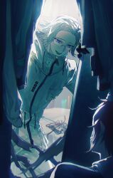 2boys absurdres aizendai aotsuki_eito black_gloves blue_eyes breast_pocket chinese_commentary closet glasses gloves grey_hair highres indoors jacket light_blush looking_at_another male_focus multiple_boys out_of_frame pocket red_hair short_hair smile sumino_takumi the_hundred_line_-last_defense_academy- unworn_clothes white_jacket