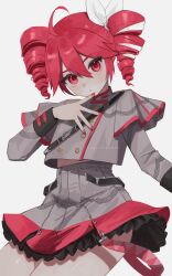 1girl ahoge belt black_belt black_sleeve_cuffs blush bow buttons double-breasted drill_hair fingernails grey_background grey_jacket grey_skirt hair_between_eyes hair_bow hair_ribbon highres jacket julie_(rolleybun) kasane_teto kasane_teto_(sv) layered_skirt layered_sleeves lips long_sleeves looking_at_viewer midriff_peek musical_staff musical_staff_print red_belt red_eyes red_hair red_nails red_skirt red_trim ribbon shoulder_belt simple_background skirt solo striped_clothes striped_jacket striped_skirt synthesizer_v thighs twin_drills twitter_username utau white_bow white_ribbon