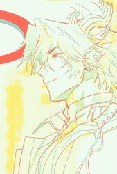 Rule 34 | 1boy, arknights, chongyue (alighting) (arknights), chongyue (arknights), closed mouth, commentary request, dragon boy, dragon horns, earrings, green background, hair over shoulder, highres, horns, jewelry, korean commentary, long hair, looking to the side, low ponytail, male focus, mandarin collar, nills, pointy ears, ponytail, portrait, smile, solo, yellow background