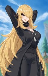 1girl absurdres arms_behind_head arms_up artist_name black_coat black_eyes black_pants black_shirt blonde_hair blue_sky breasts cleavage cleavage_cutout clothing_cutout cloud cloudy_sky coat cynthia_(pokemon) eyelashes fur_collar fur_trim hair_ornament hair_over_one_eye happy highres nintendo one_eye_covered pants pokemon pokemon_dppt ri14m_no shirt signature sky smile tree