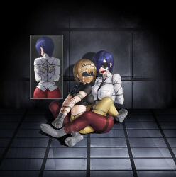 2girls absurdres arms_behind_back ball_gag black_shirt blindfold blonde_hair blue_hair breasts crop_top fueguchi_hinami gag gag_harness gagged highres improvised_gag kirishima_touka large_breasts medium_breasts multiple_girls pants red_pants restrained shibari shirt short_hair sitting tape tape_gag tokyo_ghoul white_shirt wiffle_gag yellow_pants yukumo_no_ki